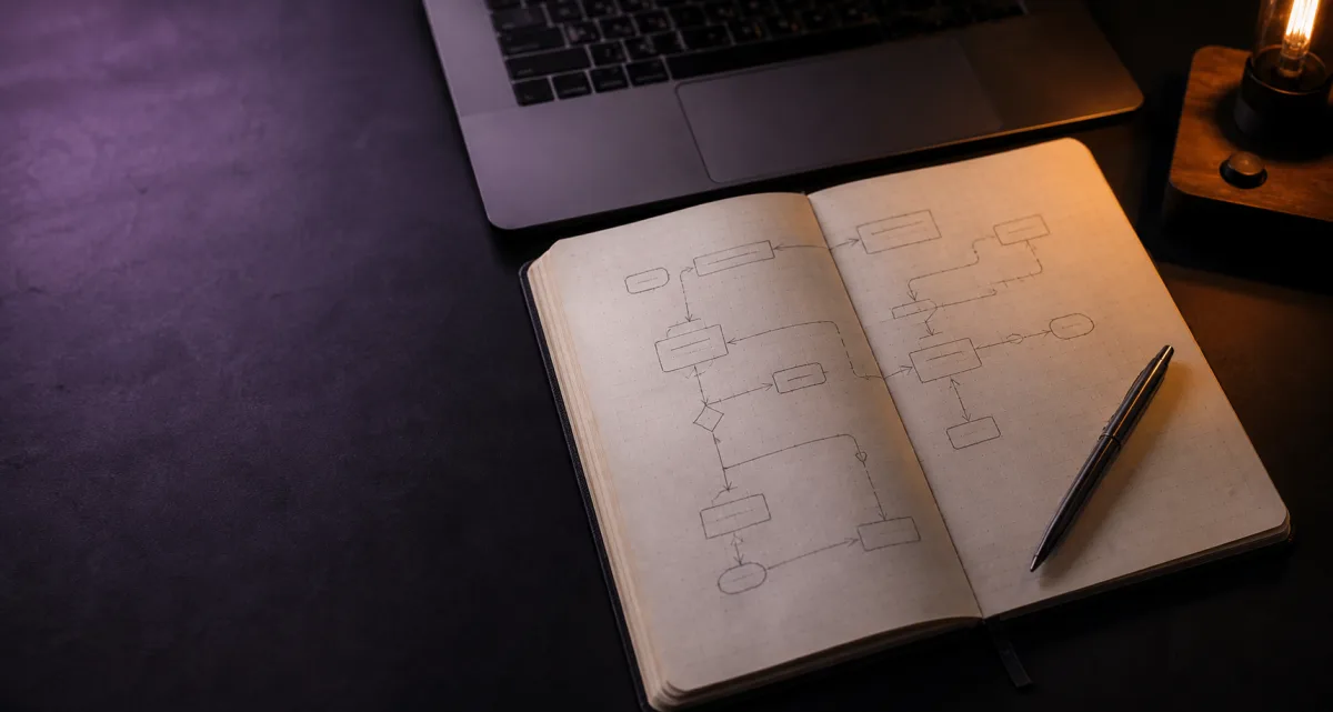 Developer notebook mapping a web request flow beside a laptop